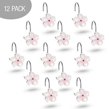 Creative Scents Vanda White Shower Curtain Hooks - Set of 12 White & Pink Flower Shower Curtain Hooks - Decorative Shower Curtain Rings for Curtain - Spring Blossom Shower Hooks for Shower Curtain