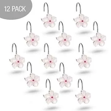 Creative Scents Vanda White Shower Curtain Hooks - Set of 12 White & Pink Flower Shower Curtain Hooks - Decorative Shower Curtain Rings for Curtain - Spring Blossom Shower Hooks for Shower Curtain