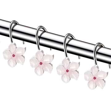 Creative Scents Vanda White Shower Curtain Hooks - Set of 12 White & Pink Flower Shower Curtain Hooks - Decorative Shower Curtain Rings for Curtain - Spring Blossom Shower Hooks for Shower Curtain