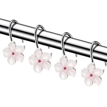 Creative Scents Vanda White Shower Curtain Hooks - Set of 12 White & Pink Flower Shower Curtain Hooks - Decorative Shower Curtain Rings for Curtain - Spring Blossom Shower Hooks for Shower Curtain