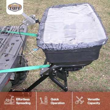 Field Tuff Hitch Mount Grass Seed Spreader with Rain Protector for ATV, UTV, or Utility Tractor, Bla...