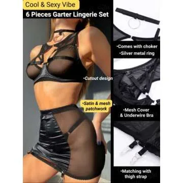 Kaei&Shi Garter Lingerie for Women - Exotic Cutout Black 4 Piece Set
