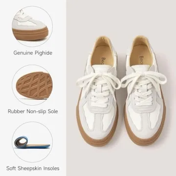 BEAU TODAY Fashion Sneakers Women, Casual Retro Platform Leather Sneakers for Women, Comfortable Tennis Runnig Trainer Shoes N-Beige 7.5