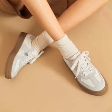 BEAU TODAY Fashion Sneakers Women, Casual Retro Platform Leather Sneakers for Women, Comfortable Tennis Runnig Trainer Shoes N-Beige 7.5