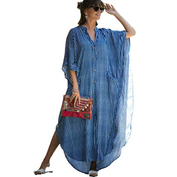 Caftan with Pockets Swimsuit Cover up Women Stripe Print Button Down Plus Size Kaftan Half Sleeve Vn...