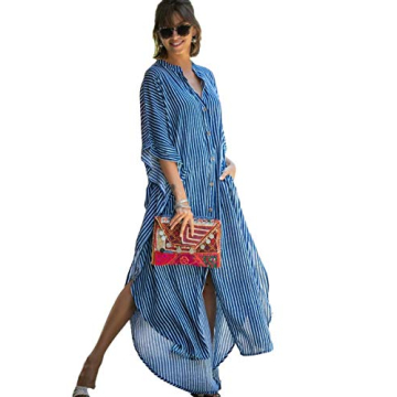 Caftan with Pockets Swimsuit Cover up Women Stripe Print Button Down Plus Size Kaftan Half Sleeve Vneck Blue Striped Caftan Dresses Beach Blouse Side Split Maxi Beach Dress 8612-0