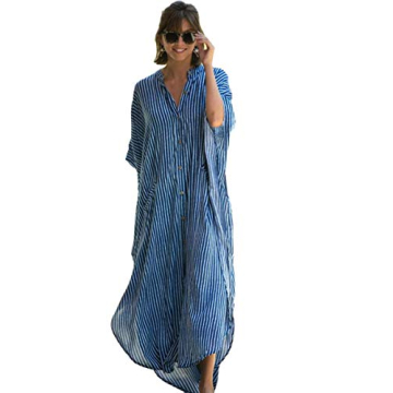Caftan with Pockets Swimsuit Cover up Women Stripe Print Button Down Plus Size Kaftan Half Sleeve Vneck Blue Striped Caftan Dresses Beach Blouse Side Split Maxi Beach Dress 8612-0