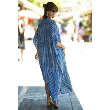 Caftan with Pockets Swimsuit Cover up Women Stripe Print Button Down Plus Size Kaftan Half Sleeve Vneck Blue Striped Caftan Dresses Beach Blouse Side Split Maxi Beach Dress 8612-0