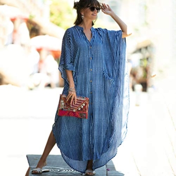 Caftan with Pockets Swimsuit Cover up Women Stripe Print Button Down Plus Size Kaftan Half Sleeve Vneck Blue Striped Caftan Dresses Beach Blouse Side Split Maxi Beach Dress 8612-0