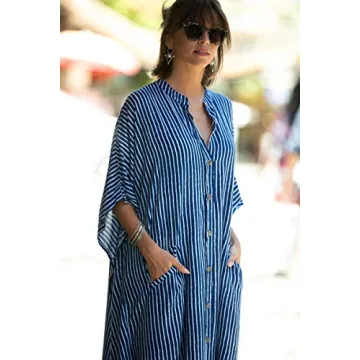 Caftan with Pockets Swimsuit Cover up Women Stripe Print Button Down Plus Size Kaftan Half Sleeve Vneck Blue Striped Caftan Dresses Beach Blouse Side Split Maxi Beach Dress 8612-0