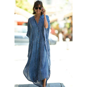 Caftan with Pockets Swimsuit Cover up Women Stripe Print Button Down Plus Size Kaftan Half Sleeve Vneck Blue Striped Caftan Dresses Beach Blouse Side Split Maxi Beach Dress 8612-0