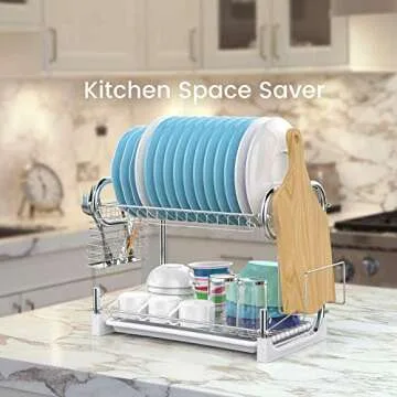Cambond 2 Tier Dish Drying Rack with Drain Board & Utensil Holder