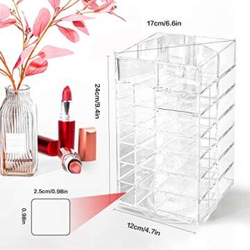 FODIENS Acrylic Lipstick Tower Holder, 360 Degree Rotating Makeup Cosmetic Lipsticks Organizer with 53 Slots, Spinning Lipgloss Storage Display Stand Holder