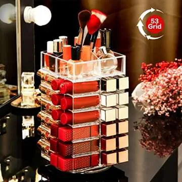 FODIENS Acrylic Lipstick Tower Holder, 360 Degree Rotating Makeup Cosmetic Lipsticks Organizer with 53 Slots, Spinning Lipgloss Storage Display Stand Holder