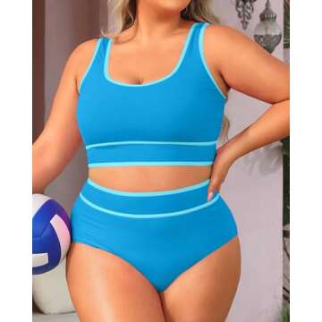 Aqua Eve Plus Size High Waisted Bikini Sets Two Piece Color Block Swimsuits Full Coverage Bikini Spo...