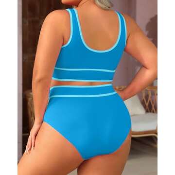 Aqua Eve Plus Size High Waisted Bikini Sets Two Piece Color Block Swimsuits Full Coverage Bikini Sporty Bathing Suits Blue Green 20W