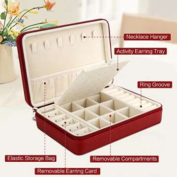 DesignSter Small Jewelry Box - Travel Jewelry Case PU Leather Jewelry Organizer Storage Holder for Necklace Earring Rings, Gifts for Girls Women (Burgundy Red)