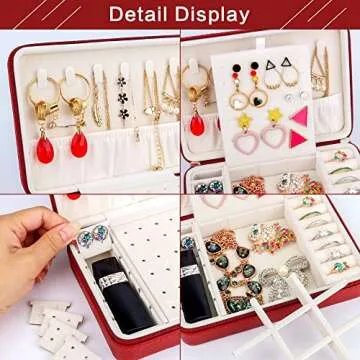 DesignSter Small Jewelry Box - Travel Jewelry Case PU Leather Jewelry Organizer Storage Holder for Necklace Earring Rings, Gifts for Girls Women (Burgundy Red)