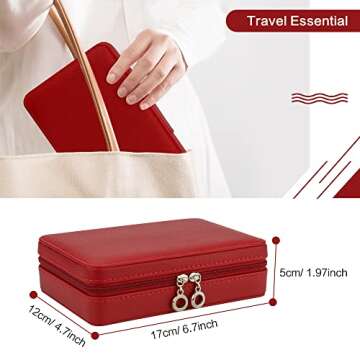 DesignSter Small Jewelry Box - Travel Jewelry Case PU Leather Jewelry Organizer Storage Holder for Necklace Earring Rings, Gifts for Girls Women (Burgundy Red)