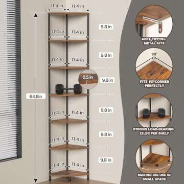 Greatseas Corner Plant Stand Shelf, 7 Tier Tall Shelf Plant Stand for Indoor Plants, Rustic Brown Corner Shelf Bookshelf Wall Decor Living Room, 64.7" Display Shelf for Bedroom, Bathroom, Small Space