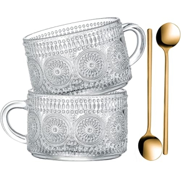 Gezzeny Vintage Coffee Mugs,14 Oz Set of 2 Clear Embossed Glass Coffee Cups for Cappuccino,Tea, Latt...