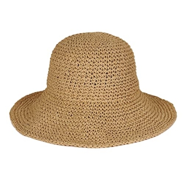 Womens Floppy Straw Sun Hat Foldable Packable Wide Brim Summer Beach Hat Crochet Bucket Hat (US, Alpha, One Size, Khaki)