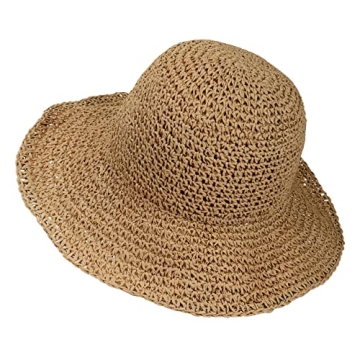 Womens Floppy Straw Sun Hat Foldable Packable Wide Brim Summer Beach Hat Crochet Bucket Hat (US, Alpha, One Size, Khaki)