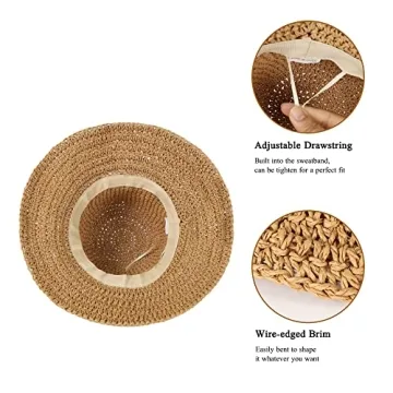 Womens Floppy Straw Sun Hat Foldable Packable Wide Brim Summer Beach Hat Crochet Bucket Hat (US, Alpha, One Size, Khaki)
