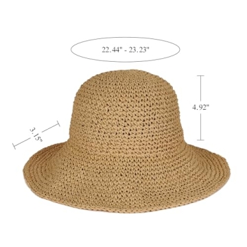 Womens Floppy Straw Sun Hat Foldable Packable Wide Brim Summer Beach Hat Crochet Bucket Hat (US, Alpha, One Size, Khaki)