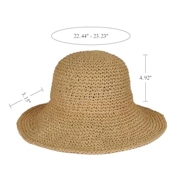 Womens Floppy Straw Sun Hat Foldable Packable Wide Brim Summer Beach Hat Crochet Bucket Hat (US, Alpha, One Size, Khaki)