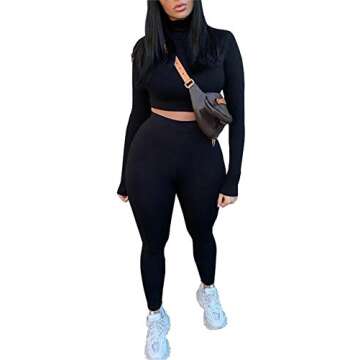 Joywish Women's Long Sleeve Legging Set 2 Piece Outfits Crop Top and High Waist Legging (Black,S)