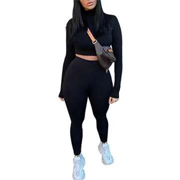 Joywish Women's Long Sleeve Legging Set 2 Piece Outfits Crop Top and High Waist Legging (Black,S)