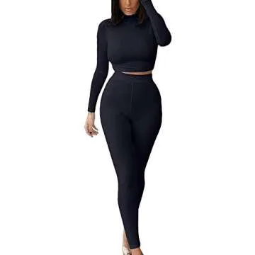 Joywish Women's Long Sleeve Legging Set 2 Piece Outfits Crop Top and High Waist Legging (Black,S)