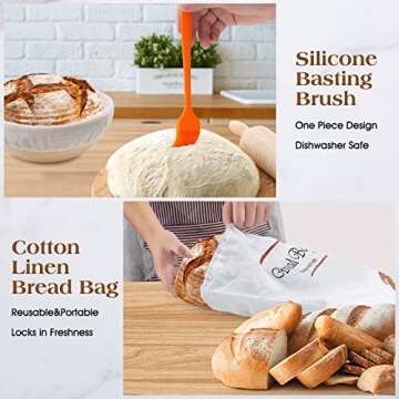 Banneton Bread Proofing Basket Set, 10 Inch Oval & 9 Inch Round Sourdough bread baking supplies with Linen Liner, Silicone Bread Sling, Danish Dough Whisk, Bread Lame, Bowl Scraper,Dough Scraper Kit