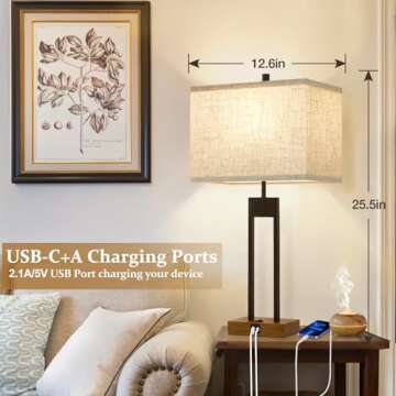 25.5’’ Set of 2 Table Lamp with USB C+A Ports, 3 Colors Changeable Bedside Lamps, Modern Bedroom...