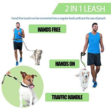 Hands Free Dog Leash, Caudblor Running Leash for Medium/Large Dogs with Phone Pouch, Green Waist Leash with Bungee, Adjustable Dog Walking Belt for Jogging/Hiking