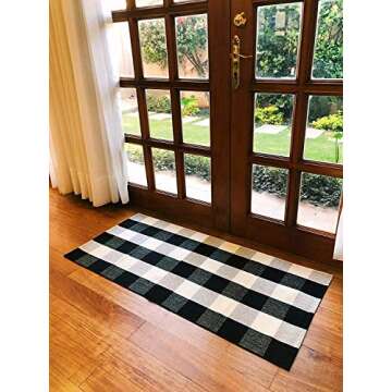 YHOUSE Buffalo Plaid Rug Cotton Front Door Mat Outdoor Doormat Washable Checkered Rugs Indoor/Outdoor Welcome Mat for Layered Mat Porch/Kitchen/Farmhouse/Entry(23.6“X51.2“, Black and White Plaid)