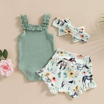 Newborn Baby Girls Clothes Sets Waffle Floral Print Sleeveless Bodysuits+Ruffles Drawstring Summer Shorts+Headband (Green-Horse, 3-6 Months)