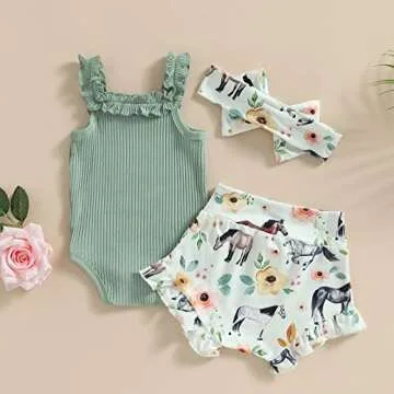 Newborn Baby Girls Clothes Sets Waffle Floral Print Sleeveless Bodysuits+Ruffles Drawstring Summer Shorts+Headband (Green-Horse, 3-6 Months)