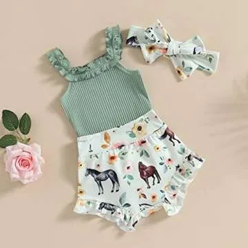 Newborn Baby Girls Clothes Sets Waffle Floral Print Sleeveless Bodysuits+Ruffles Drawstring Summer Shorts+Headband (Green-Horse, 3-6 Months)
