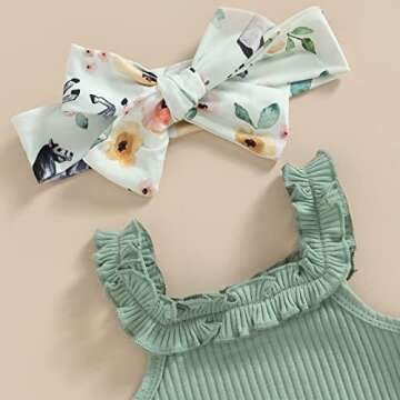 Newborn Baby Girls Clothes Sets Waffle Floral Print Sleeveless Bodysuits+Ruffles Drawstring Summer Shorts+Headband (Green-Horse, 3-6 Months)
