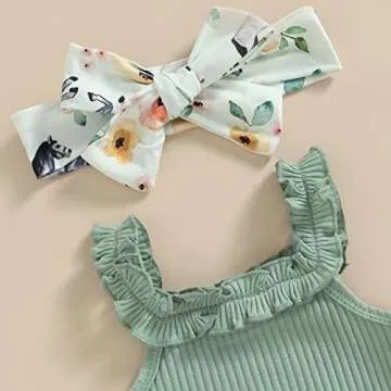 Newborn Baby Girls Clothes Sets Waffle Floral Print Sleeveless Bodysuits+Ruffles Drawstring Summer Shorts+Headband (Green-Horse, 3-6 Months)