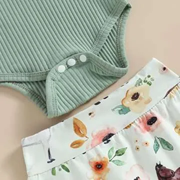 Newborn Baby Girls Clothes Sets Waffle Floral Print Sleeveless Bodysuits+Ruffles Drawstring Summer Shorts+Headband (Green-Horse, 3-6 Months)