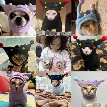 Cat Fleece Funny Hats with pom-poms, Cats Warm Hats with Adjustable Straps, Halloween Costume Hats for Cats, Headwear for Cats Birthday (Blue, L(Face Circle 10-11''))