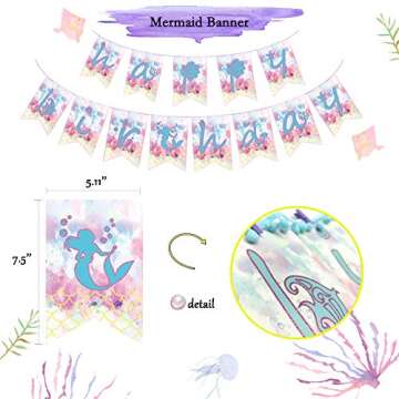 Mermaid Party Supplies,Girls Birthday Party Decorations, Contain a Mermaid Banner, 9 Tissue Pom Poms, 2 Foil Curtains, 12 Cupcake Toppers and Balloons, Great for Girls Birthday Party