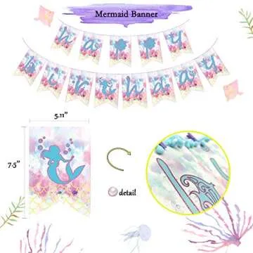 Mermaid Party Supplies,Girls Birthday Party Decorations, Contain a Mermaid Banner, 9 Tissue Pom Poms, 2 Foil Curtains, 12 Cupcake Toppers and Balloons, Great for Girls Birthday Party