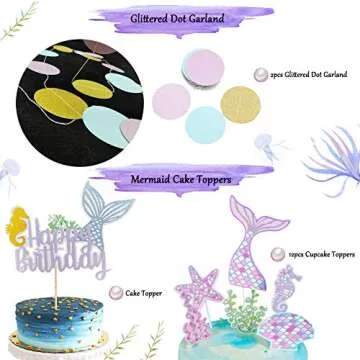 Mermaid Party Supplies,Girls Birthday Party Decorations, Contain a Mermaid Banner, 9 Tissue Pom Poms, 2 Foil Curtains, 12 Cupcake Toppers and Balloons, Great for Girls Birthday Party