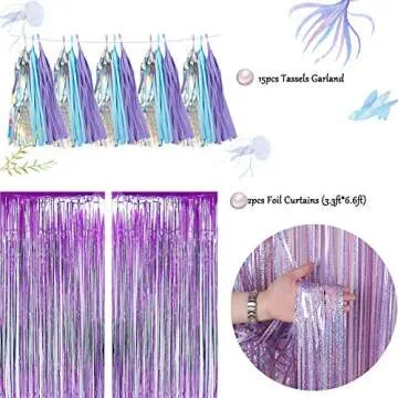 Mermaid Party Supplies,Girls Birthday Party Decorations, Contain a Mermaid Banner, 9 Tissue Pom Poms, 2 Foil Curtains, 12 Cupcake Toppers and Balloons, Great for Girls Birthday Party