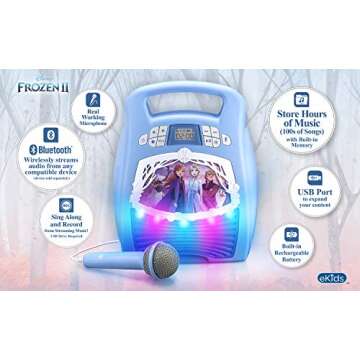 Frozen 2 Bluetooth Portable MP3 Karaoke Machine Player with Light Show Store Hours of Music with Built in Memory Sing Along Using The Real Working Microphone USB Port to Expand Your Content