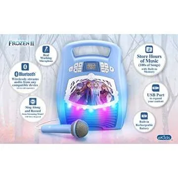 Frozen 2 Bluetooth Portable MP3 Karaoke Machine Player with Light Show Store Hours of Music with Built in Memory Sing Along Using The Real Working Microphone USB Port to Expand Your Content